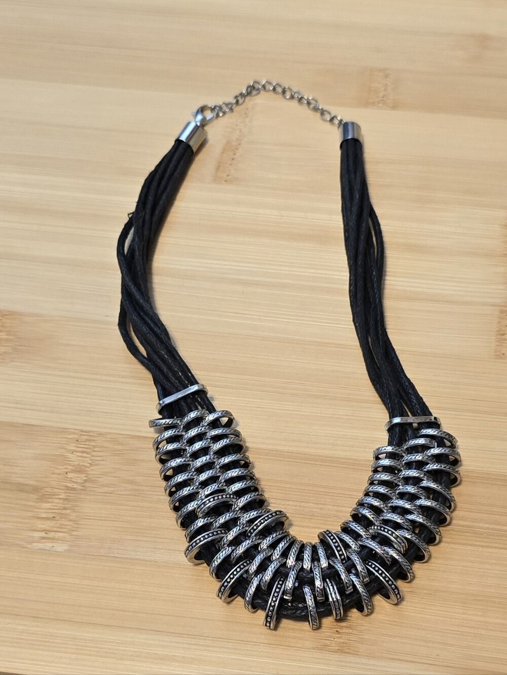 🤍🖤🩶 Silver Textured Ring Multi-Strand Black Cord Statement Necklace